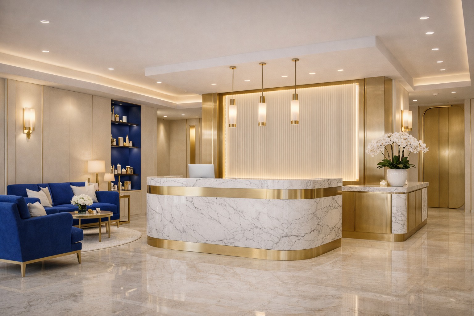 Luxury clinic reception interior with royal blue seating and gold accents