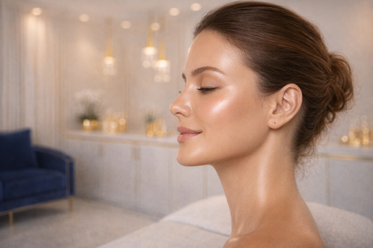 Side-profile portrait with smooth glowing skin in soft clinic lighting
