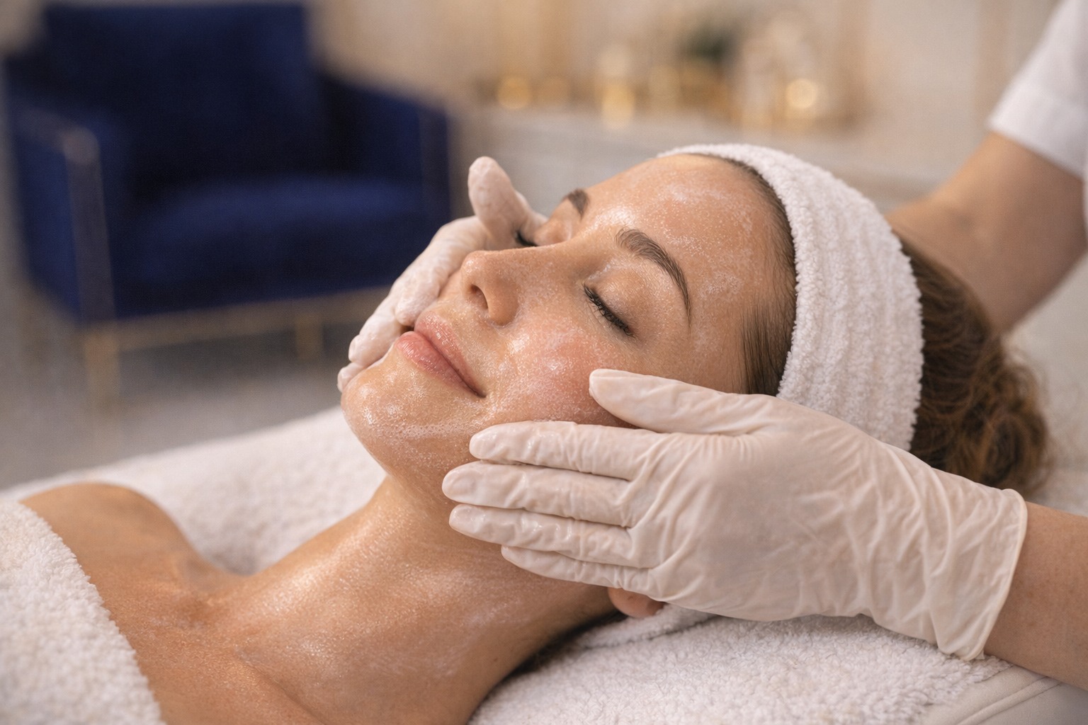 Close-up facial cleanse treatment with clinician hands and soft linens