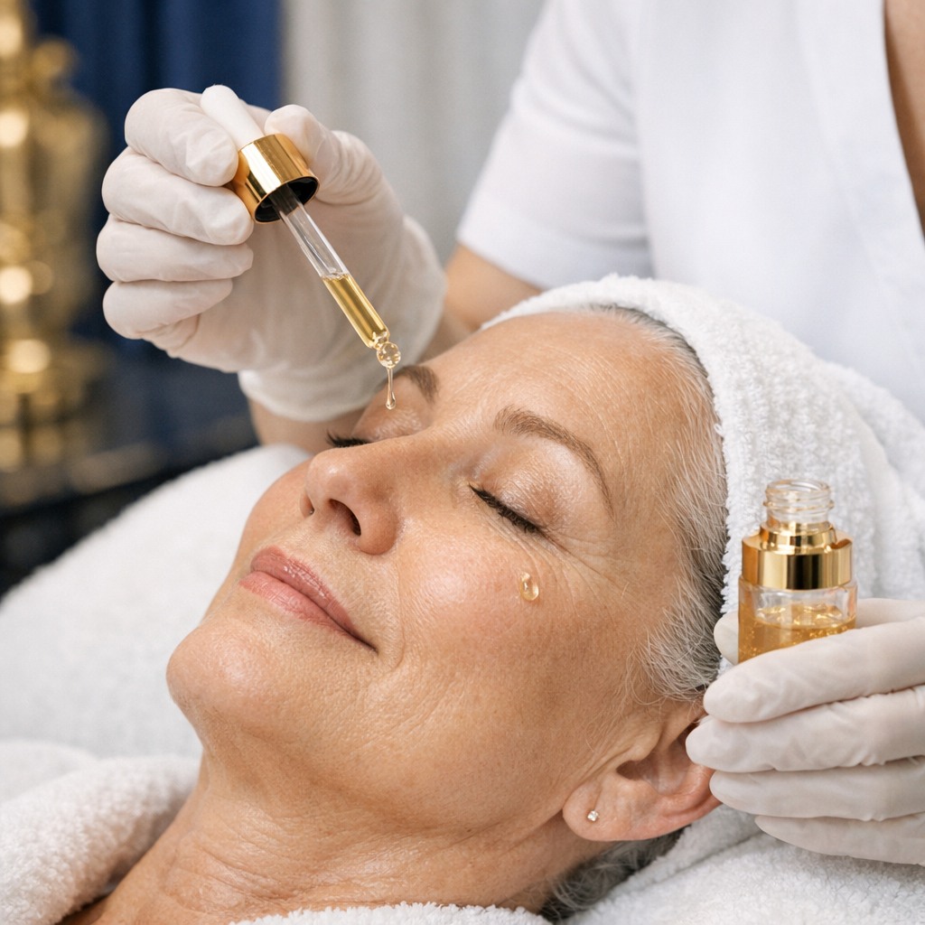 Anti-aging serum application close-up in a high-end skincare clinic
