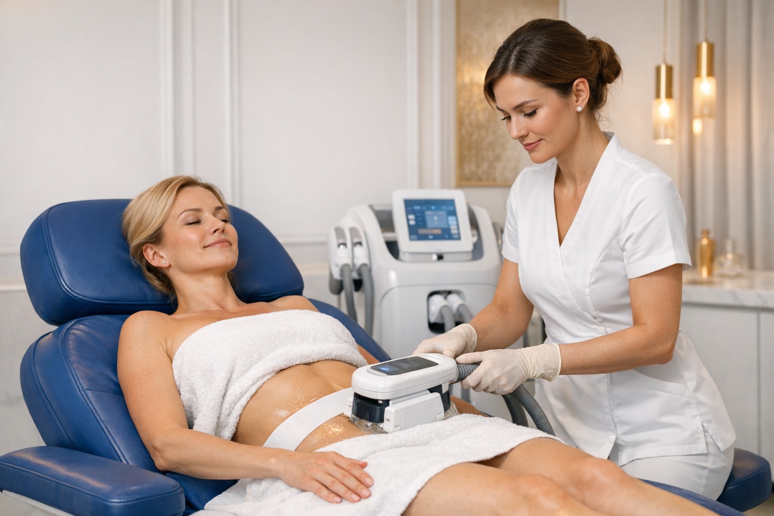 Fat reduction treatment session with modern contouring equipment