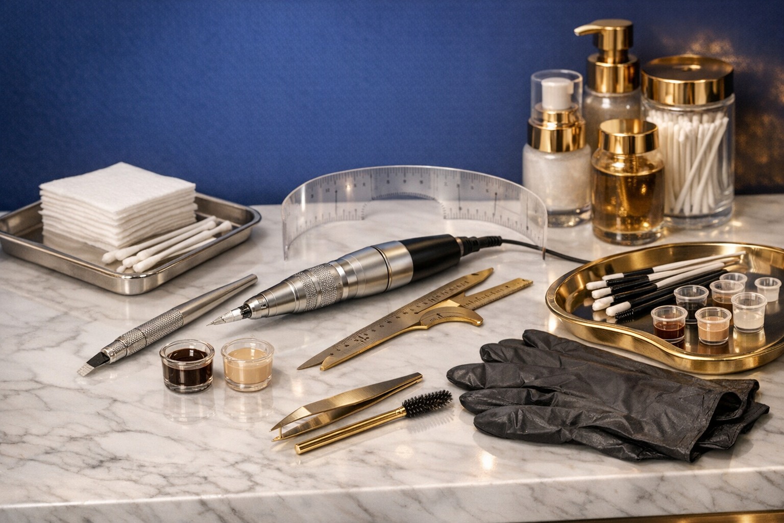 Permanent makeup eyebrow preparation tools on a premium procedure station
