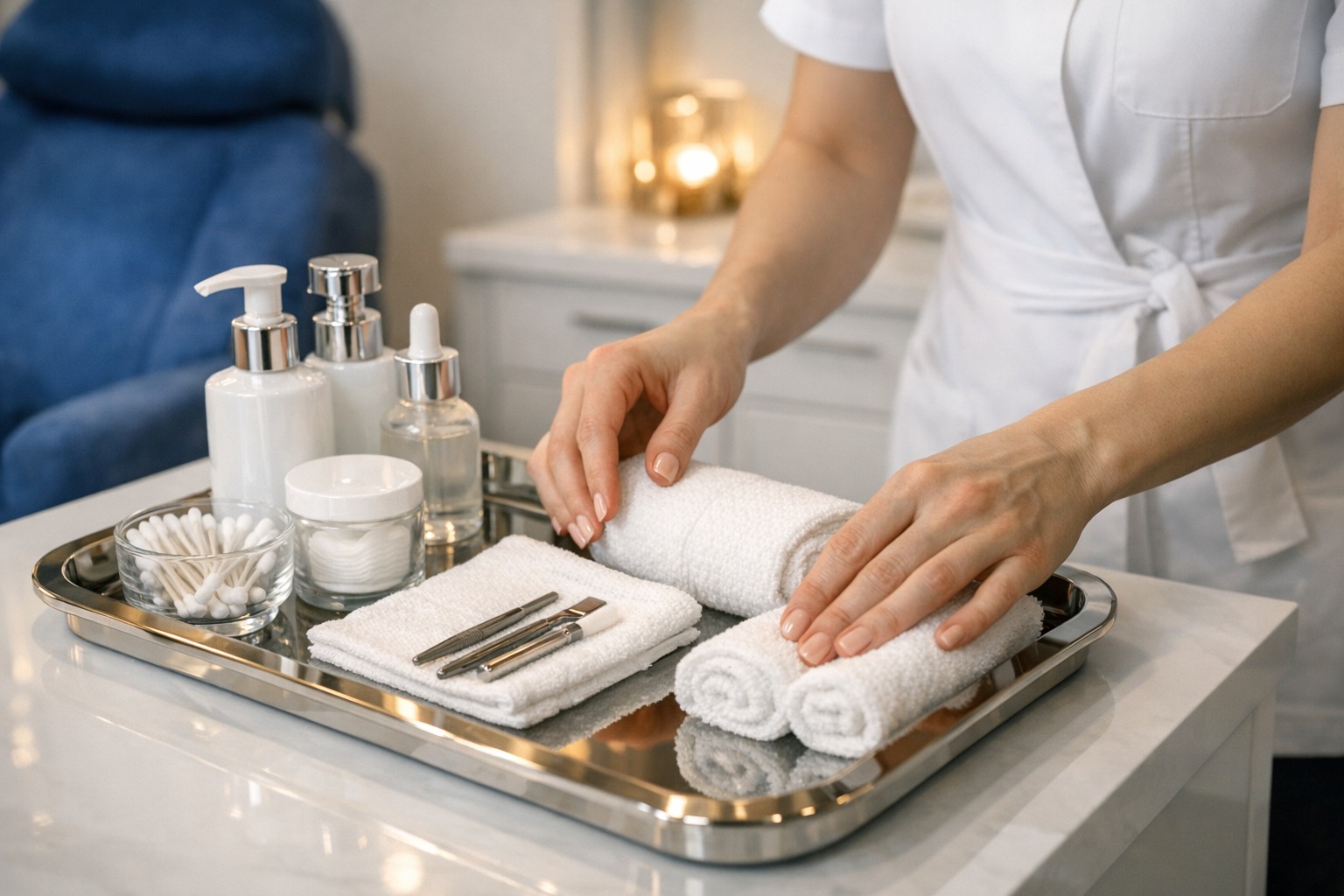 Clinician preparing a premium treatment tray with skincare tools