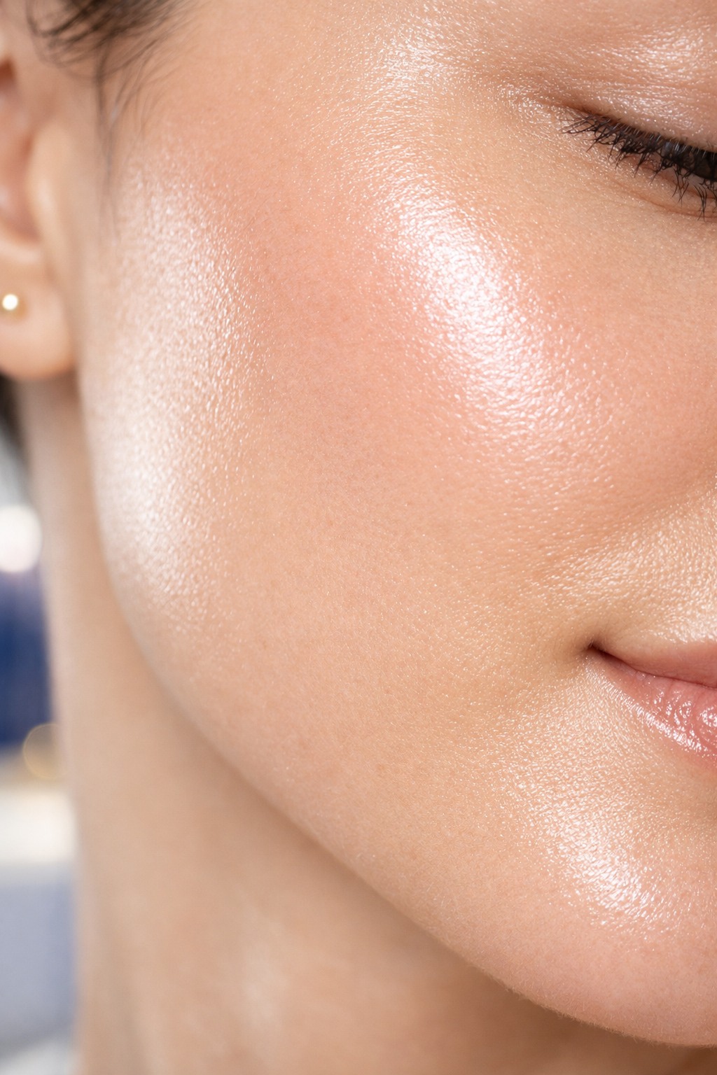 Macro view of glowing cheek skin texture after aesthetic treatment
