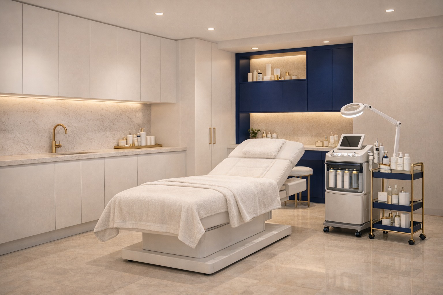 Modern premium skincare treatment room with royal blue and gold accents