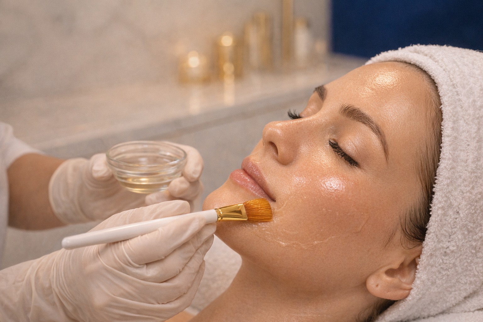 Chemical peel skincare process close-up in a luxury clinic
